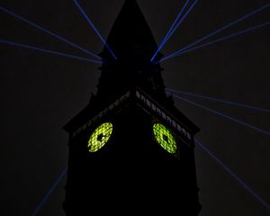 Preview wallpaper tower, clock, rays, light, dark