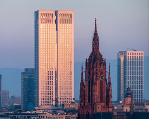 Preview wallpaper tower, clock, skyscrapers, buildings, architecture, city