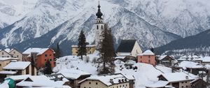 Preview wallpaper tower, clock, snow, buildings, mountain