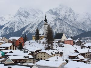 Preview wallpaper tower, clock, snow, buildings, mountain