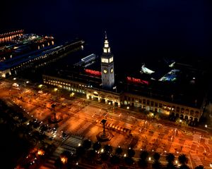 Preview wallpaper tower, clock, square, street, lights, pier, dark