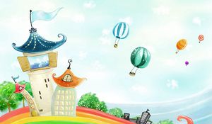 Preview wallpaper tower, flight, balloons, sky, colorful