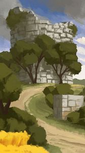 Preview wallpaper tower, fortress, ruins, trees, bushes, art