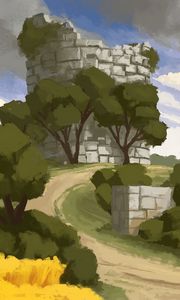 Preview wallpaper tower, fortress, ruins, trees, bushes, art