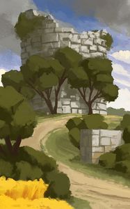 Preview wallpaper tower, fortress, ruins, trees, bushes, art