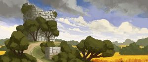 Preview wallpaper tower, fortress, ruins, trees, bushes, art