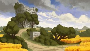 Preview wallpaper tower, fortress, ruins, trees, bushes, art