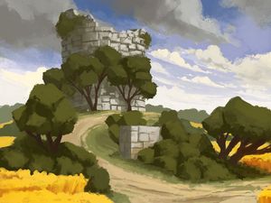 Preview wallpaper tower, fortress, ruins, trees, bushes, art