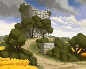 Preview wallpaper tower, fortress, ruins, trees, bushes, art