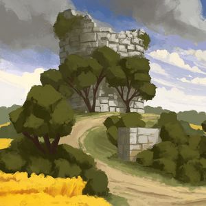 Preview wallpaper tower, fortress, ruins, trees, bushes, art