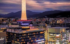 Preview wallpaper tower, glow, lights, buildings, twilight, city