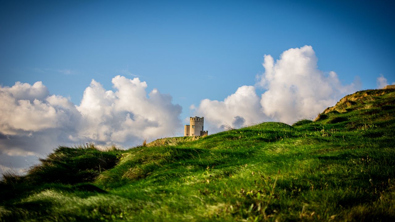Wallpaper tower, hill, grass, clouds, nature