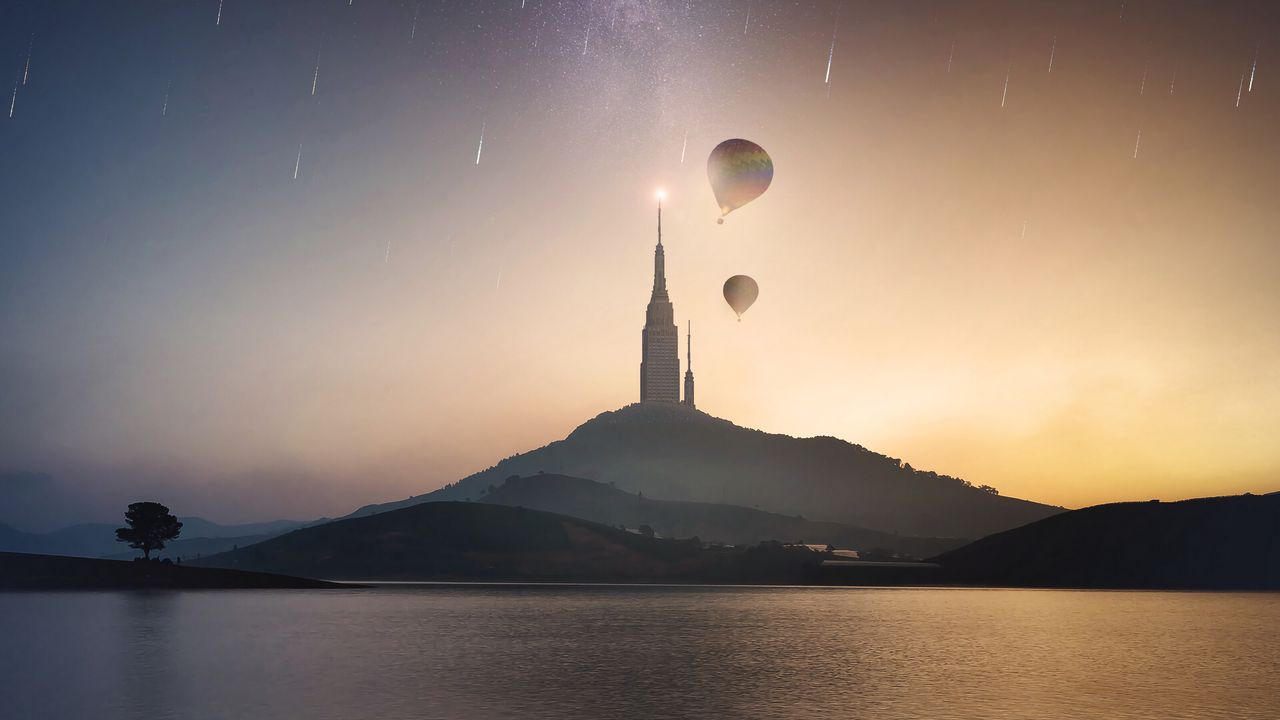 Wallpaper tower, hill, lake, air balloons, starry sky, meteors