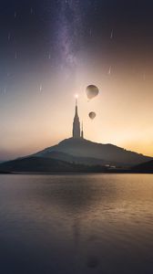 Preview wallpaper tower, hill, lake, air balloons, starry sky, meteors