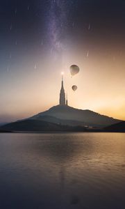 Preview wallpaper tower, hill, lake, air balloons, starry sky, meteors