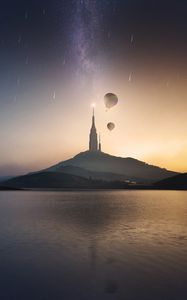 Preview wallpaper tower, hill, lake, air balloons, starry sky, meteors