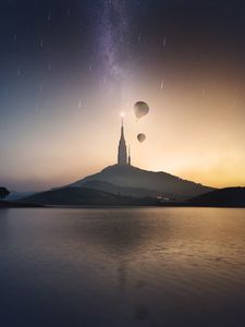 Preview wallpaper tower, hill, lake, air balloons, starry sky, meteors