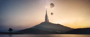 Preview wallpaper tower, hill, lake, air balloons, starry sky, meteors