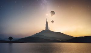 Preview wallpaper tower, hill, lake, air balloons, starry sky, meteors