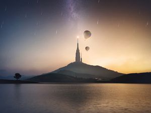 Preview wallpaper tower, hill, lake, air balloons, starry sky, meteors