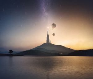 Preview wallpaper tower, hill, lake, air balloons, starry sky, meteors