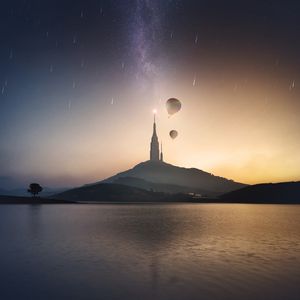 Preview wallpaper tower, hill, lake, air balloons, starry sky, meteors