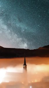 Preview wallpaper tower, hills, fog, milky way