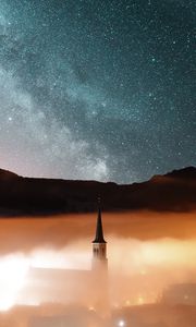 Preview wallpaper tower, hills, fog, milky way