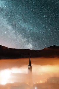 Preview wallpaper tower, hills, fog, milky way