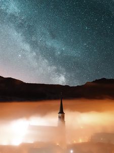 Preview wallpaper tower, hills, fog, milky way