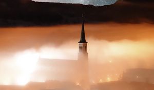 Preview wallpaper tower, hills, fog, milky way
