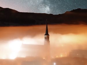 Preview wallpaper tower, hills, fog, milky way