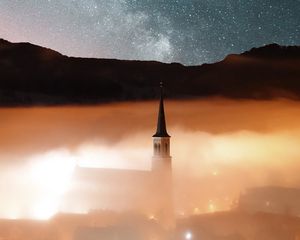 Preview wallpaper tower, hills, fog, milky way