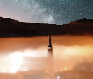 Preview wallpaper tower, hills, fog, milky way