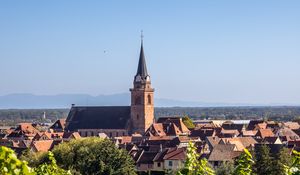 Preview wallpaper tower, houses, buildings, vineyard, trees, leaves