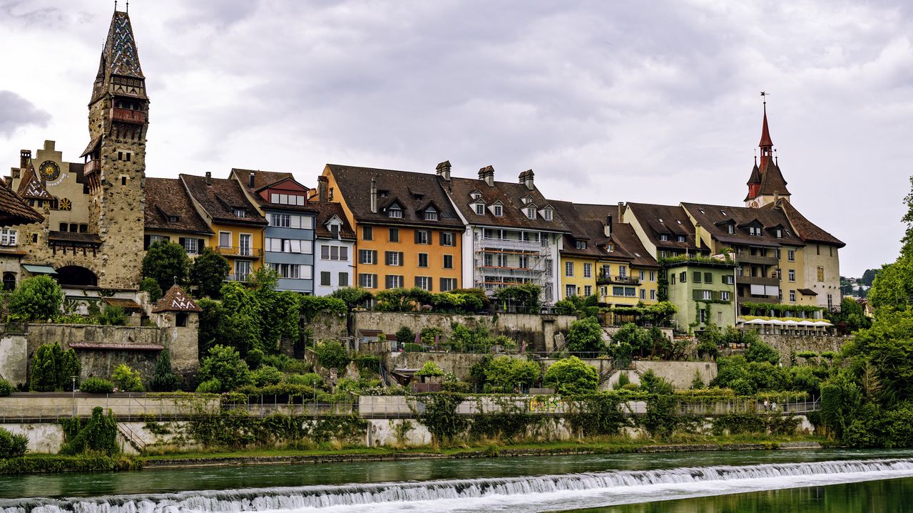 Wallpaper tower, houses, buildings, river, architecture