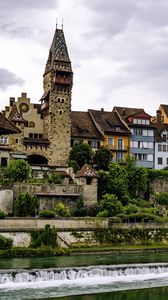Preview wallpaper tower, houses, buildings, river, architecture
