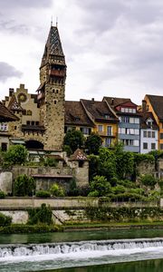 Preview wallpaper tower, houses, buildings, river, architecture