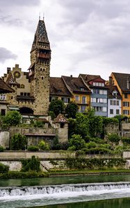 Preview wallpaper tower, houses, buildings, river, architecture