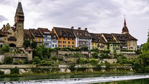 Preview wallpaper tower, houses, buildings, river, architecture