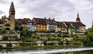 Preview wallpaper tower, houses, buildings, river, architecture