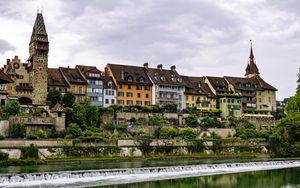 Preview wallpaper tower, houses, buildings, river, architecture