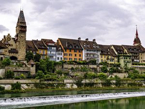 Preview wallpaper tower, houses, buildings, river, architecture