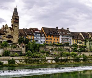 Preview wallpaper tower, houses, buildings, river, architecture