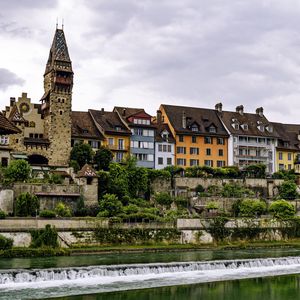 Preview wallpaper tower, houses, buildings, river, architecture