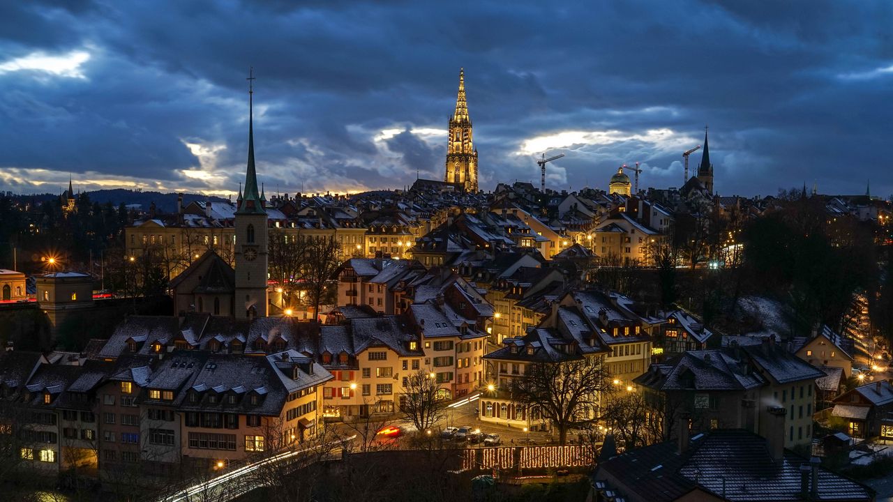 Wallpaper tower, houses, lights, buildings, clouds, twilight, city