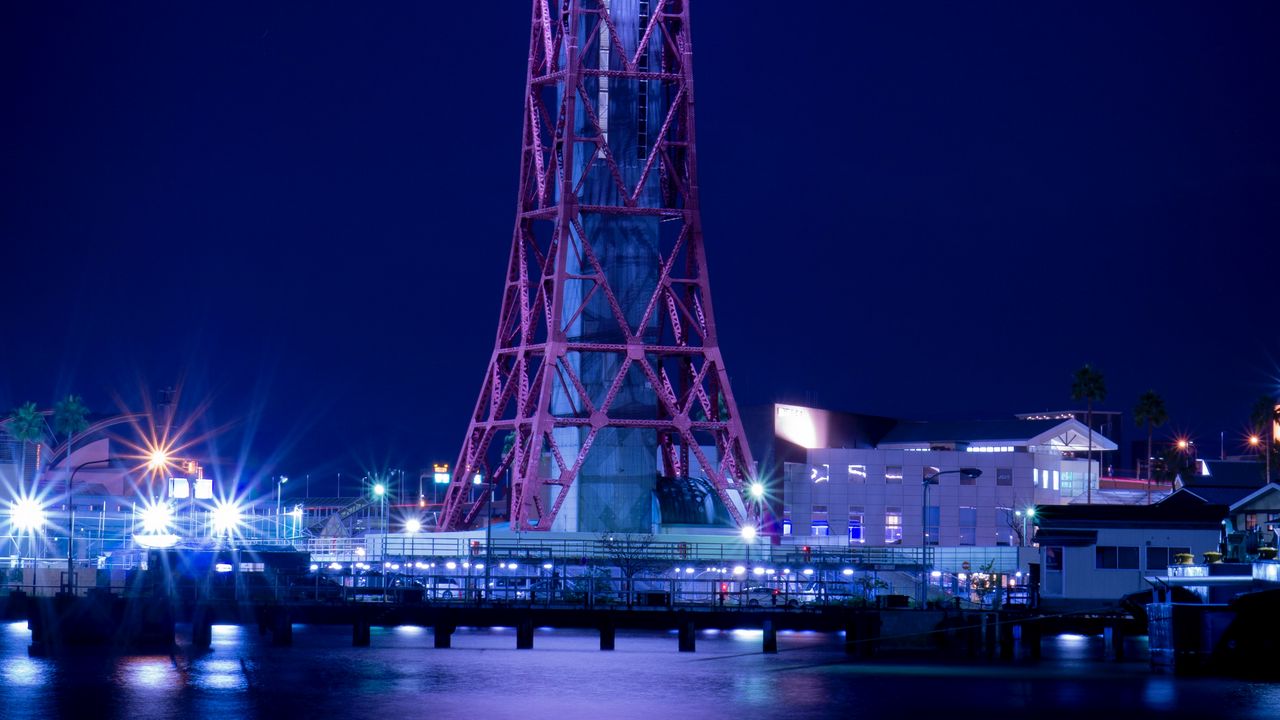 Wallpaper tower, lighthouse, night city, pier, fukuoka, japan