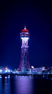 Preview wallpaper tower, lighthouse, night city, pier, fukuoka, japan