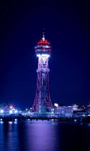 Preview wallpaper tower, lighthouse, night city, pier, fukuoka, japan