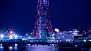 Preview wallpaper tower, lighthouse, night city, pier, fukuoka, japan